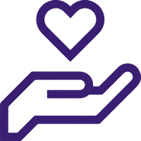 A purple line drawing of a hand with the palm open and facing up, holding a heart shape. The design is simplistic and minimalistic, symbolizing giving, care, generosity, or love.