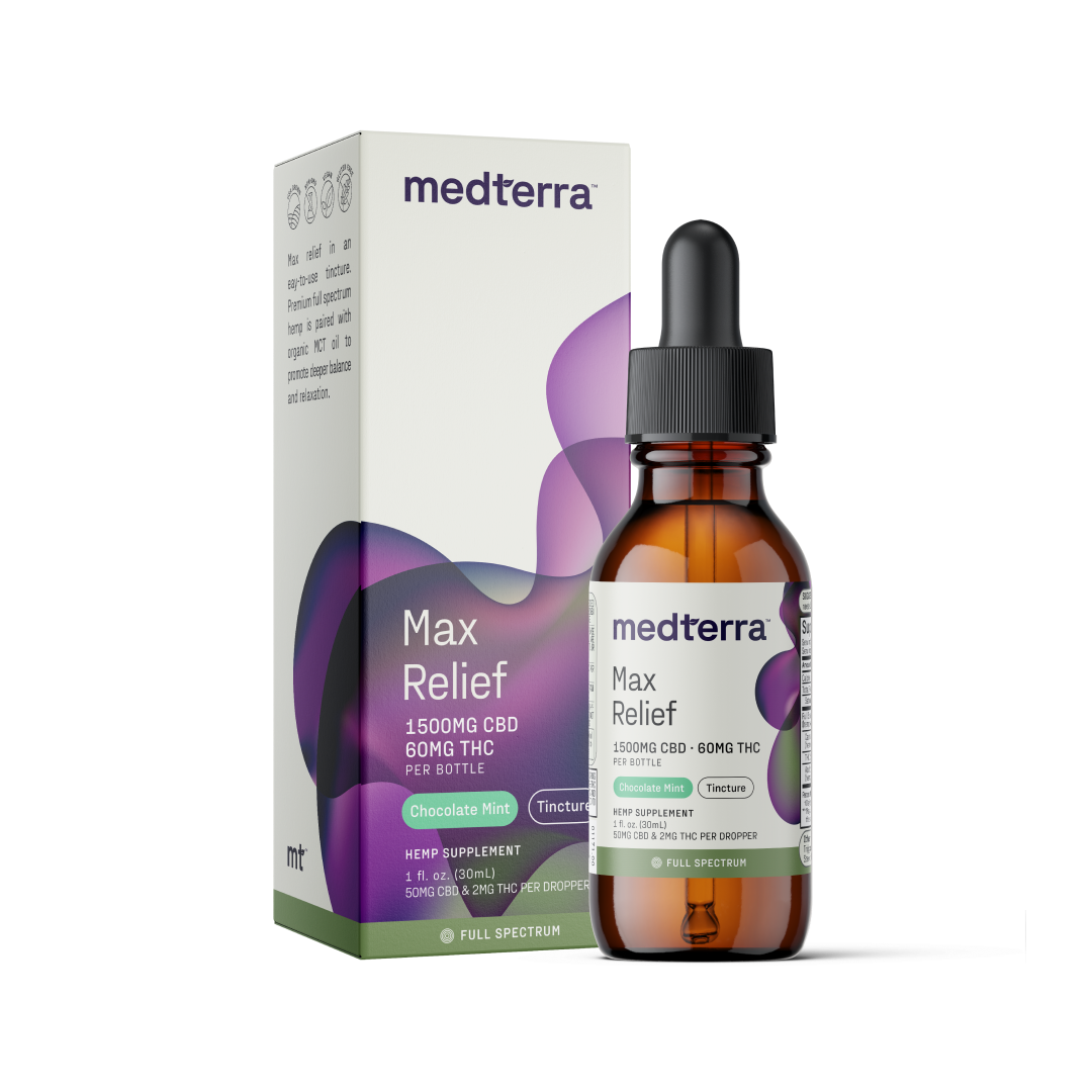 A 30ml amber dropper bottle labeled "Max Relief Full Spectrum CBD Oil" stands in front of its box. The label indicates 1500mg of CBD from organically grown hemp and 60mg of THC per bottle, with a chocolate mint flavor. The box has a matching design with purple and green accents, featuring the Medterra brand name.