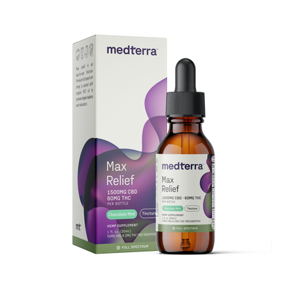 A 30ml amber dropper bottle labeled "Max Relief Full Spectrum CBD Oil" stands in front of its box. The label indicates 1500mg of CBD from organically grown hemp and 60mg of THC per bottle, with a chocolate mint flavor. The box has a matching design with purple and green accents, featuring the Medterra brand name.