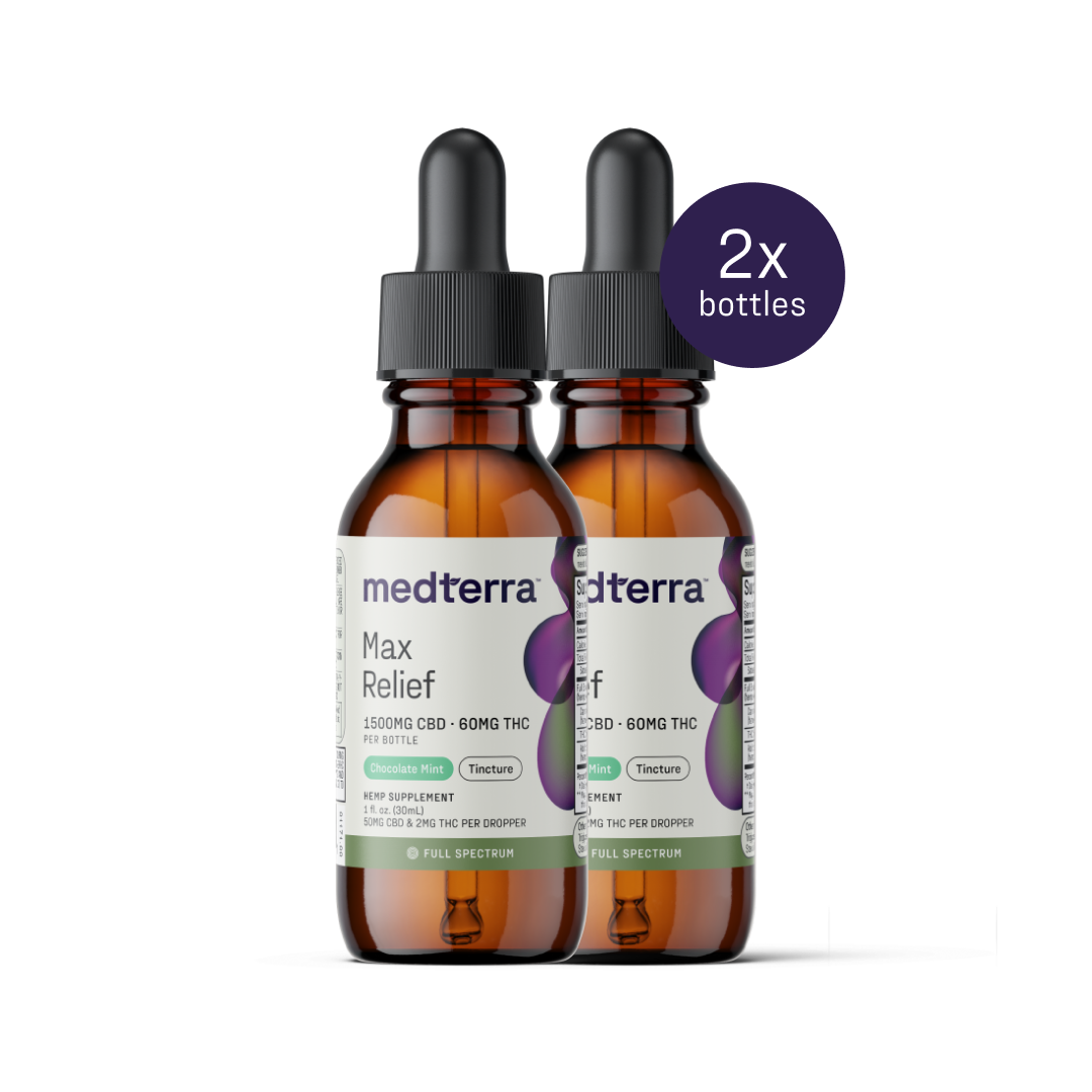 Two bottles of Medterra Max Relief Full Spectrum CBD Oil are displayed side by side. The amber-colored bottles feature black dropper caps and labels indicating 1500mg of True Full Spectrum CBD and 60mg of THC per bottle. Made from organically grown hemp, a small circular label reads "2x bottles.