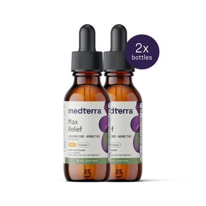 Displayed are two bottles of Medterra's Max Relief Full Spectrum CBD Oil, made from advanced tinctures derived from organically grown hemp. Each 1500mg bottle contains True Full Spectrum CBD and 60mg of THC. The brown glass bottles feature black droppers, white labels with green and purple accents, and a circular label indicating "2x bottles.