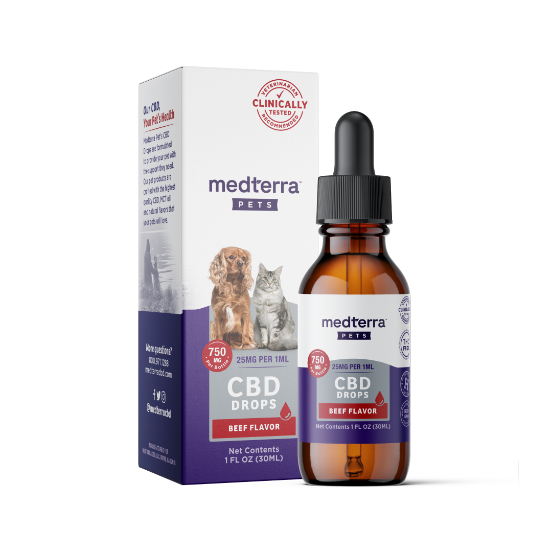 A package containing a bottle of Medterra's [Free] Best Seller Pets CBD Drops in beef flavor. The packaging displays images of a dog and a cat and indicates a total potency of 750mg (with 25mg per 1ml). The box highlights that the product is clinically tested.