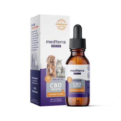 An amber glass bottle of Medterra Pet CBD Drops, featuring natural beef and chicken flavorings with 750mg of CBD and a dropper, is displayed in front of its box. The packaging showcases images of a dog and cat, includes dosage information, and displays a "Clinically Tested" badge.