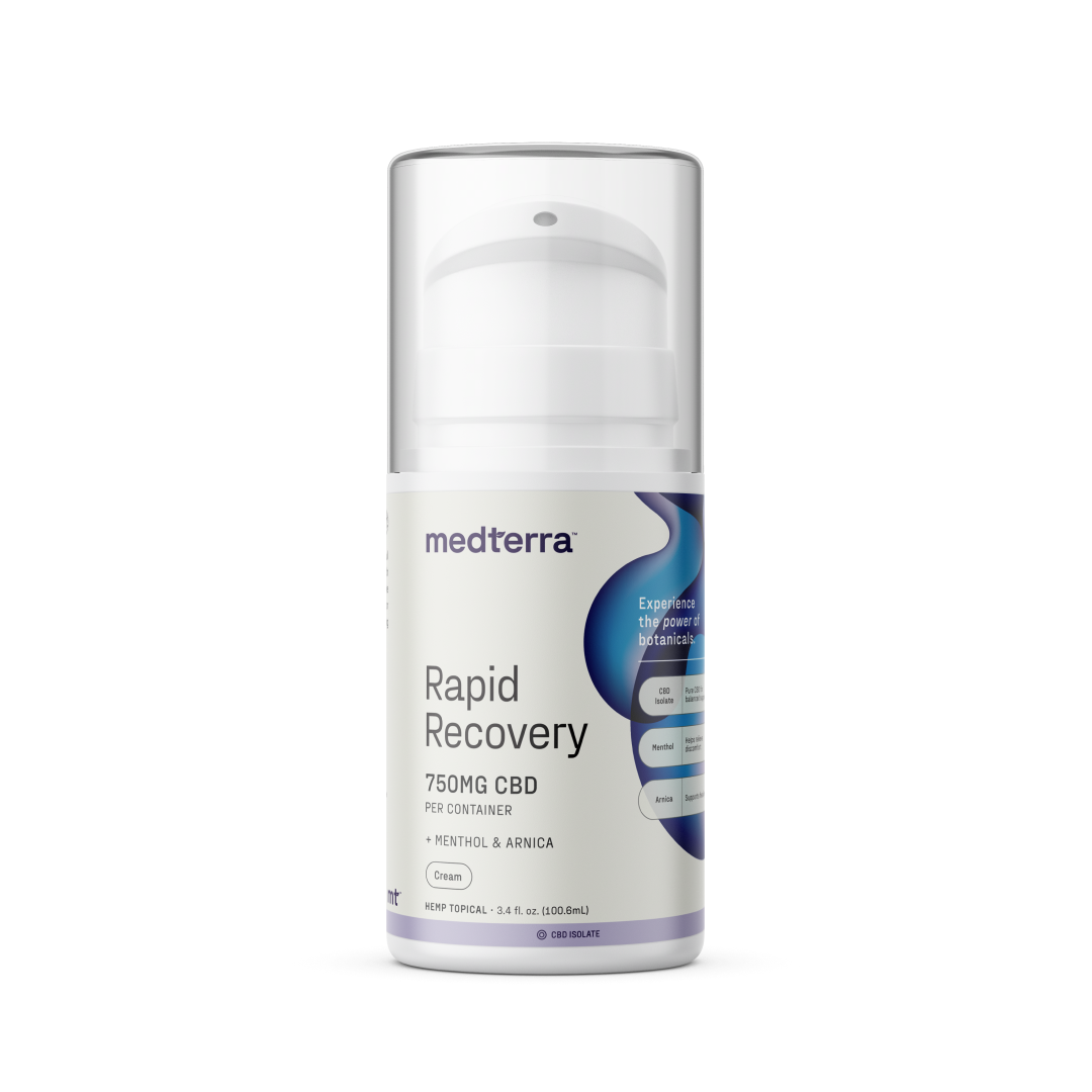 Image of a Medterra Rapid Recovery CBD Cream bottle. The pump dispenser contains 750mg of THC-free CBD, enhanced with menthol and arnica for joint and muscle support. The packaging is predominantly white with blue accents and text detailing the product’s features.