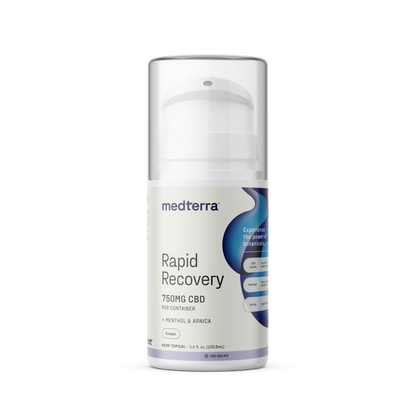 Image of a Medterra Rapid Recovery CBD Cream bottle. The pump dispenser contains 750mg of THC-free CBD, enhanced with menthol and arnica for joint and muscle support. The packaging is predominantly white with blue accents and text detailing the product’s features.
