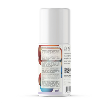 A white cylindrical roll-on bottle from Medterra, labeled "Heating-Cooling Rapid Recovery Roll On," features directions, ingredients, nutritional facts, graphics, text, and fruit imagery—highlighting rapid recovery CBD topical pain relief.