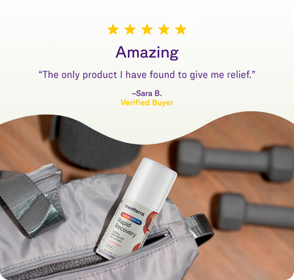 A bottle of Medterra Heating-Cooling Rapid Recovery Roll On, a CBD topical for pain relief, rests on a gray gym bag with workout gear nearby. Above, a five-star review reads: "Amazing. The only product I have found to give me relief.