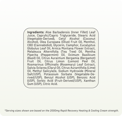 Ingredient panel listing botanical extracts and active ingredients for Rapid Recovery Heating & Cooling CBD cream.