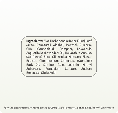 The ingredient label for Medterra's Heating-Cooling Rapid Recovery Roll On includes aloe barbadensis leaf juice, denatured alcohol, menthol, glycerin, CBD, camphor, lavender oil, sunflower seed oil, arnica flower extract, and other rapid recovery components.