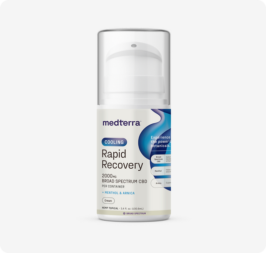 A white bottle of Medterra Rapid Recovery Cooling 2000mg CBD Cream features a blue-accented label with product info, a pump dispenser, and clear cap. This CBD recovery cream contains menthol and arnica for muscle relief.