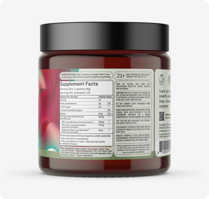 A dark jar of Medterra Extra Delight 10mg THC Gummies features a colorful label with supplement facts, directions, warnings, serving size of 1 gummy, nutritional info, and ingredients listed in a table.
