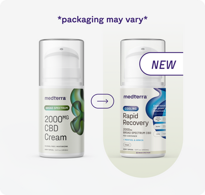Two Medterra CBD cream bottles side by side: left shows old "2000mg Broad Spectrum CBD Cream," right shows new "Rapid Recovery Cooling 2000mg CBD Cream." Text above reads "*packaging may vary*".