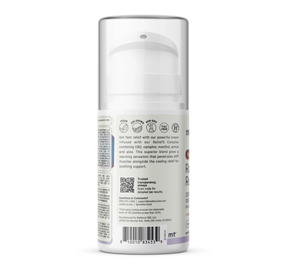 A white plastic bottle with a clear cap, labeled “Medterra Heating-Cooling Rapid Recovery CBD Cream,” featuring black and gray text, vegan and cruelty-free icons, QR code, barcode, rapid recovery benefits, and usage directions on the back.