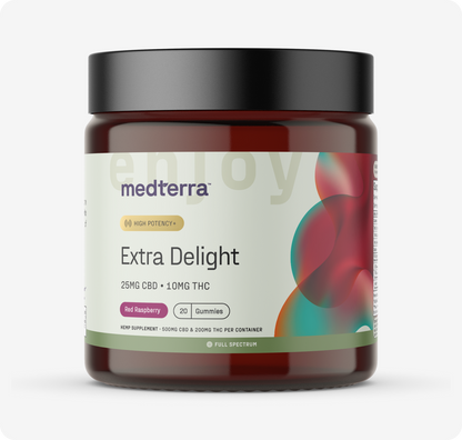 Medterra Extra Delight 10mg THC Gummies: Each red raspberry gummy contains 25mg CBD and 10mg THC. The jar holds 20 gummies, features a black lid, and displays a modern, colorful label.