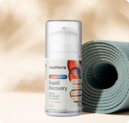 A roll of yoga mat and a spray bottle of Medterra Heating-Cooling Rapid Recovery CBD Cream—perfect for quick transdermal relief after every workout.