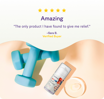 A customer review with five stars reads, “Amazing. The only product I have found to give me relief.” Shown are two blue dumbbells, Medterra's Heating-Cooling Rapid Recovery CBD Cream bottle, and an open jar of cream.