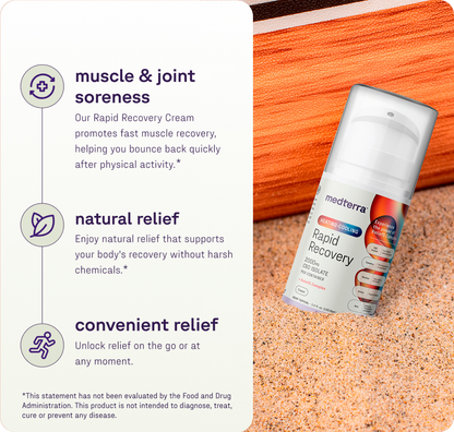 An infographic for Medterra Heating-Cooling Rapid Recovery CBD Cream highlights CBD benefits: fast relief from muscle & joint soreness, natural formula without harsh chemicals, and convenient on-the-go use. Includes product bottle image and disclaimer.