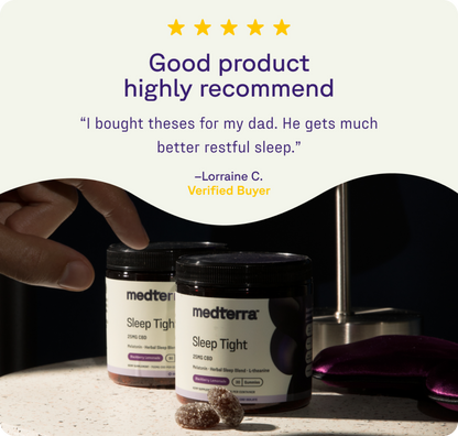 A hand reaches for a Medterra Sleep Welcome Kit jar near a lamp and sleep mask. Above, a 5-star review praises Medterra’s kit as an effective sleep solution that improves restful sleep.