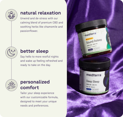 Two jars of the Medterra Sleep Welcome Kit rest on purple satin. Text highlights natural relaxation, better sleep, and personalized comfort from this THC-free solution by Medterra with premium CBD and calming herbs.