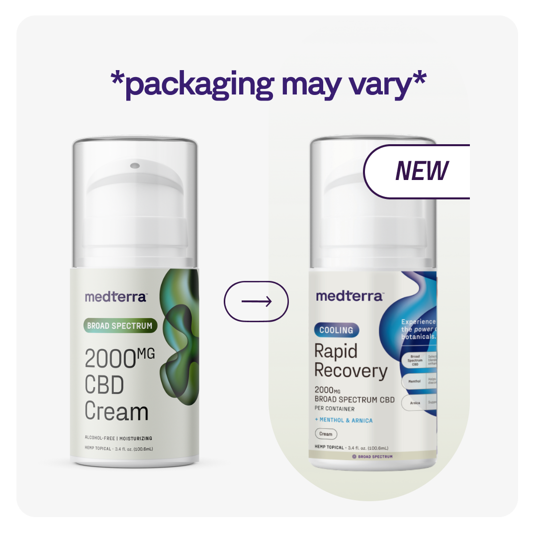 Two Medterra Rapid Recovery Cooling 2000mg CBD Cream bottles side by side, showing old vs. new packaging. Great for muscle and joint relief. Text above: “*packaging may vary*.”.