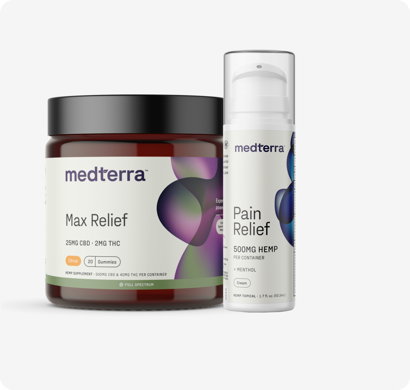 Image of Medterra's Relief Bundle: on the left, a dark jar labeled "Max Relief" contains 25mg CBD and 2mg THC; on the right, a white pump bottle for "Pain Relief" includes 500mg full-spectrum hemp with menthol.