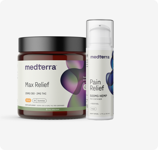 Image of Medterra's Relief Bundle: on the left, a dark jar labeled "Max Relief" contains 25mg CBD and 2mg THC; on the right, a white pump bottle for "Pain Relief" includes 500mg full-spectrum hemp with menthol.