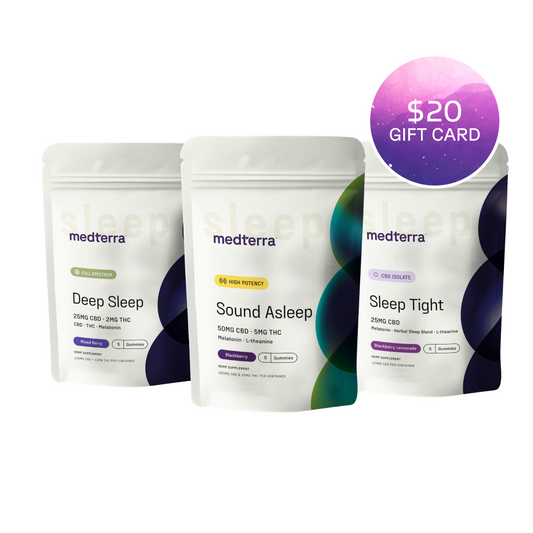 The Medterra Sleep Kit features three sleep supplements—Deep Sleep, Sound Asleep, and Sleep Tight—displayed side by side, with a purple and blue circular $20 gift card icon shown in the top right corner.