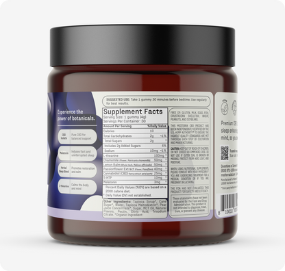 A jar of Medterra's Multi-Spectrum CBD Sleep Bundle gummies features a purple and white label with usage instructions and supplement facts, detailing sugar content and serving size, while highlighting botanical ingredients.