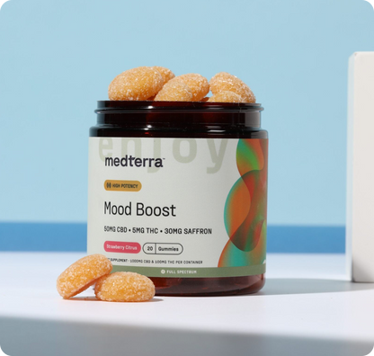 An image depicts a Medterra Mood Gummies Bundle jar labeled strawberry citrus, containing gummies with 50mg CBD, 5mg THC, and 30mg saffron. Orange, sugar-coated gummies are scattered around the jar against a light blue background.