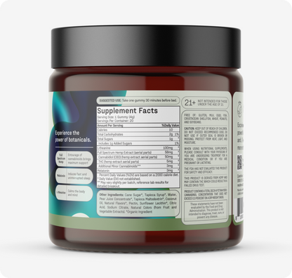 A jar from Medterra's Rest & Restore Bundle with a black lid features suggested use instructions, calorie and sugar content, and label text promoting botanical benefits.