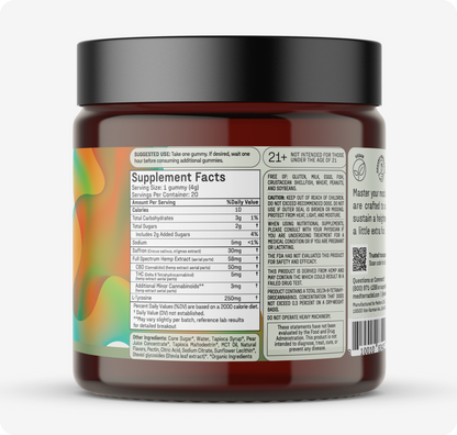 A brown cylindrical jar labeled with supplemental facts, ingredients, usage instructions, and nutritional values for gummies containing CBD. The "Mood Gummies Bundle" by Medterra is not for use under age 21.