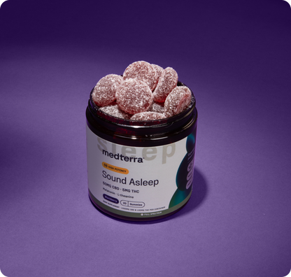 A Medterra "Better Sleep Bundle" jar on a purple background contains gummy supplements with 50mg CBD and 5mg THC per serving, featuring ingredients like lemon balm and chamomile.