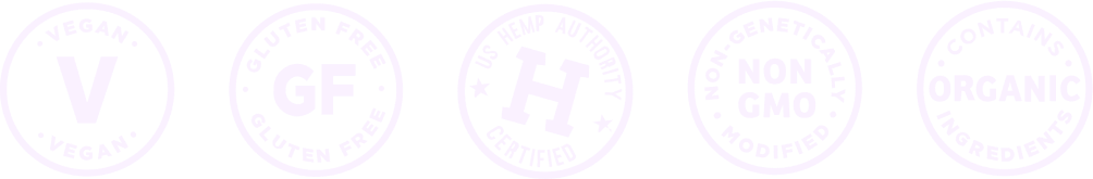 An image showcasing five certification logos from left to right: Vegan, Gluten-Free, U.S. Hemp Authority Certified, Non-GMO, and Organic Contains Ingredients—all representing the highest quality and pure ingredients.