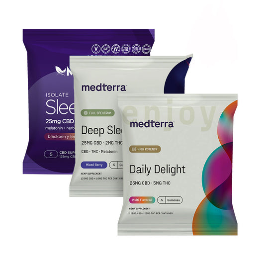 Displayed are three packets of the Medterra CBD Gummies - 15ct Travel Pack, labeled "Isolate Sleep," "Deep Sleep," and "Daily Delight." Each packet indicates the dosage amounts and lists ingredients such as CBD and melatonin. The colorful designs feature wave patterns and prominently display the product names. Enjoy a 70% discount on these Medterra CBD Gummies!