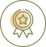 A circular icon features a ribbon with a star at its center, representing the highest quality. The ribbon, depicted with two tails at the bottom, is outlined with thin lines in a muted green color against a light background. Encircling the icon is a thin green border.