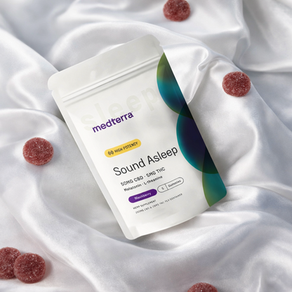 A white pouch labeled "Medterra Sleep Kit" rests on white satin fabric, surrounded by several round red gummies. The package highlights melatonin and sleep support—perfect for your nightly sleep routine.