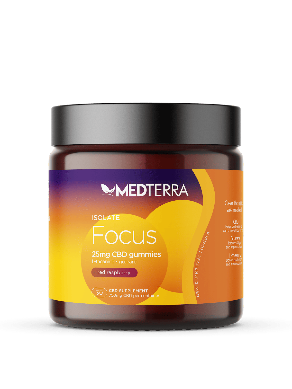 A jar of Medterra [Free] Best Seller isolated 25mg CBD gummies. The jar is predominantly orange and yellow with a black lid. It contains 30 red raspberry-flavored gummies, totaling 750mg CBD per container. The label features the Medterra logo and product details.