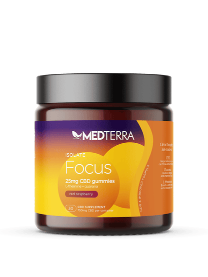A jar of Medterra [Free] Best Seller isolated 25mg CBD gummies. The jar is predominantly orange and yellow with a black lid. It contains 30 red raspberry-flavored gummies, totaling 750mg CBD per container. The label features the Medterra logo and product details.