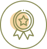 A circular icon featuring a ribbon with a star in the center, indicating an award or achievement. The design is simple, with olive green outlines on a light background. The ribbon has two tails hanging down, and the star is prominently displayed in the middle, symbolizing high-quality CBD achievements.