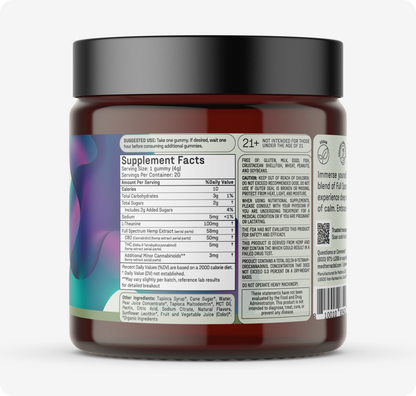 A jar from Medterra's Rest & Restore Bundle features a dark lid, with colorful abstract art on the left of the label. Supplement facts and usage instructions in black text on white are to the right, along with warnings and ingredient details.