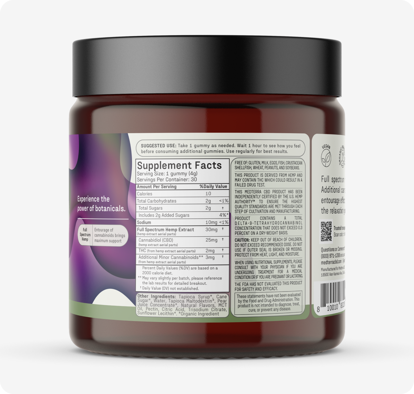 A jar from the Medterra Relief Bundle features a dark lid and a label with dosage instructions and supplement facts. Key terms like "Botanicals," "hemp extract," and "CBD" are emphasized. A purple and green design includes a QR code highlighting its full spectrum pain relief benefits.