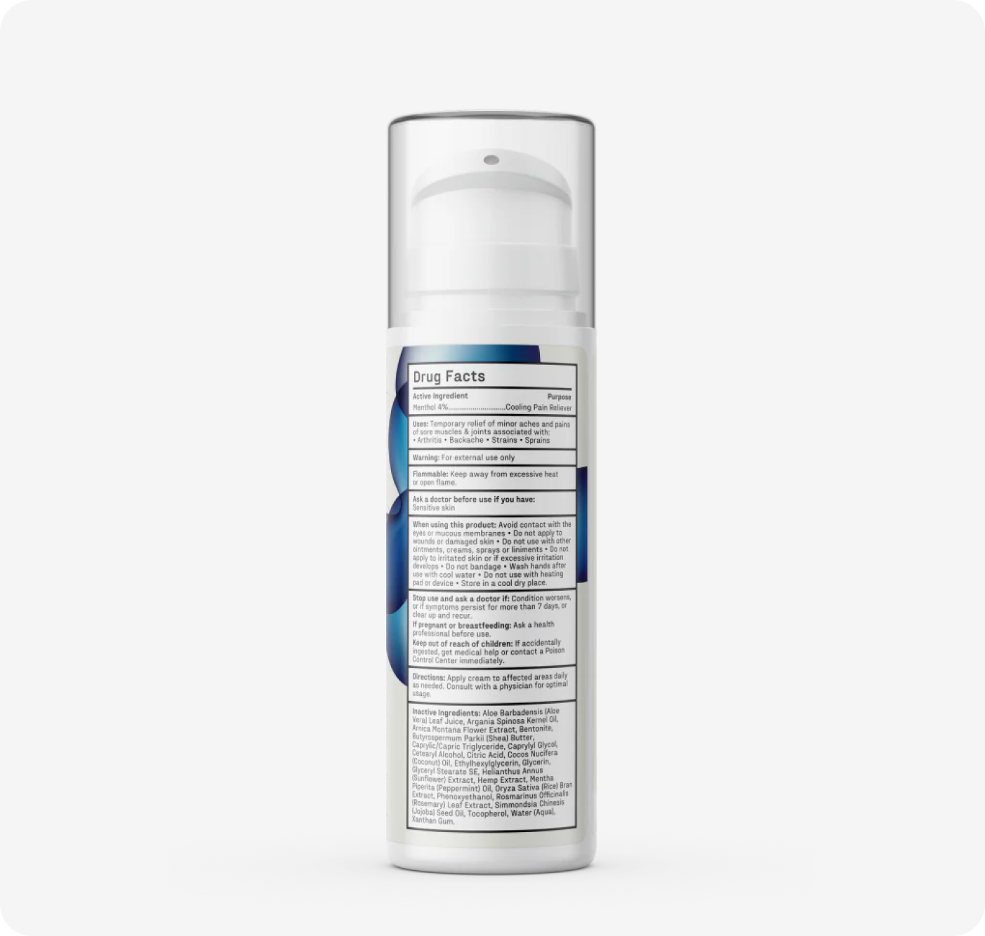 The Medterra Relief Bundle includes a skincare lotion with CBD, featuring a pump dispenser and clear lid. The primarily white design with blue accents contains drug facts and product information in small print, providing a soothing blend for effective pain relief.