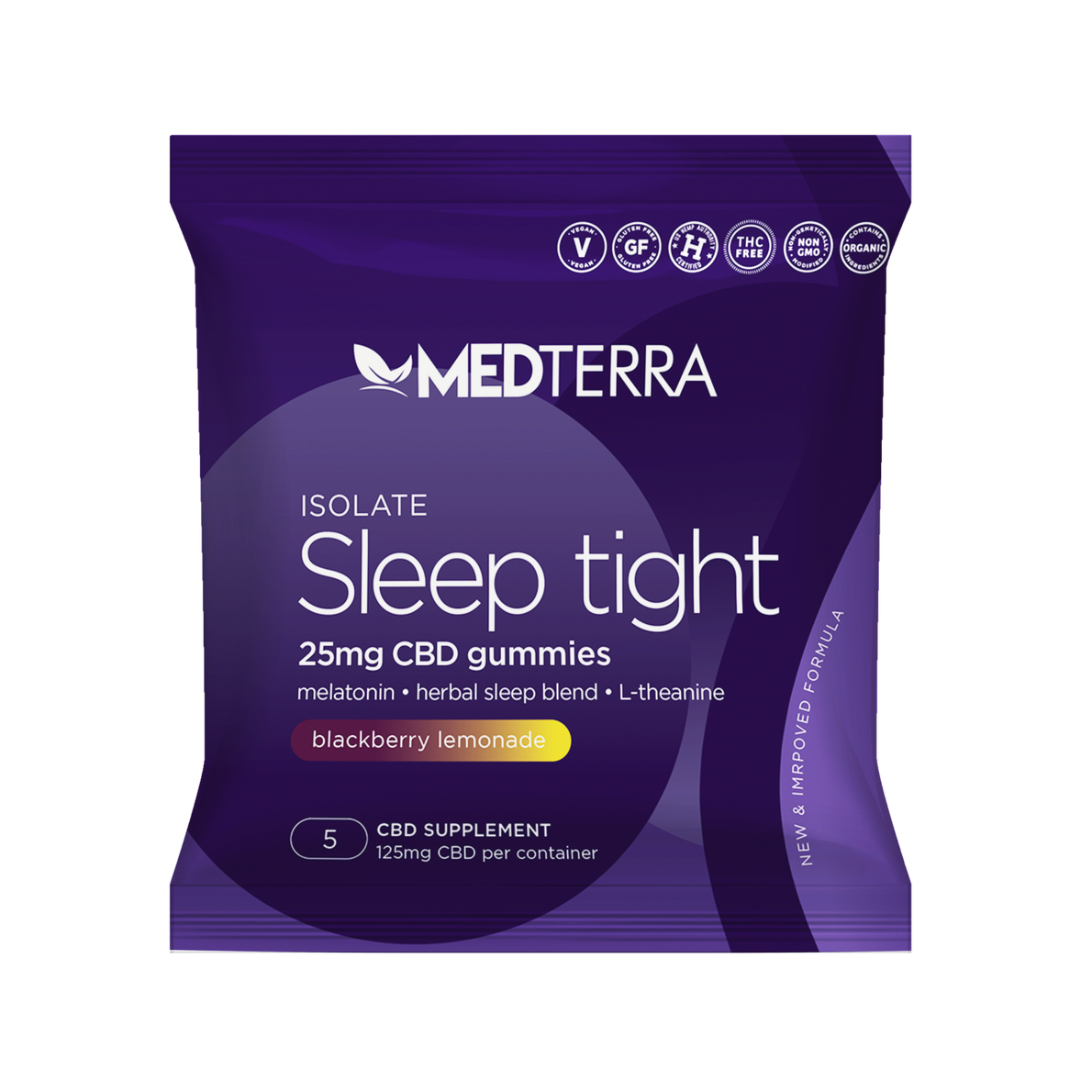 The purple package features "Sleep Tight Gummy - 5ct Travel Pack" from Medterra CBD. It includes highlights such as 25mg of CBD, melatonin, a herbal sleep blend, L-theanine, and a blackberry lemonade flavor. The pack contains 5 gummies and showcases various certification icons.