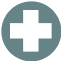 A gray circular icon with a white cross in the center, often used to represent high-quality health, medical services, or first aid.