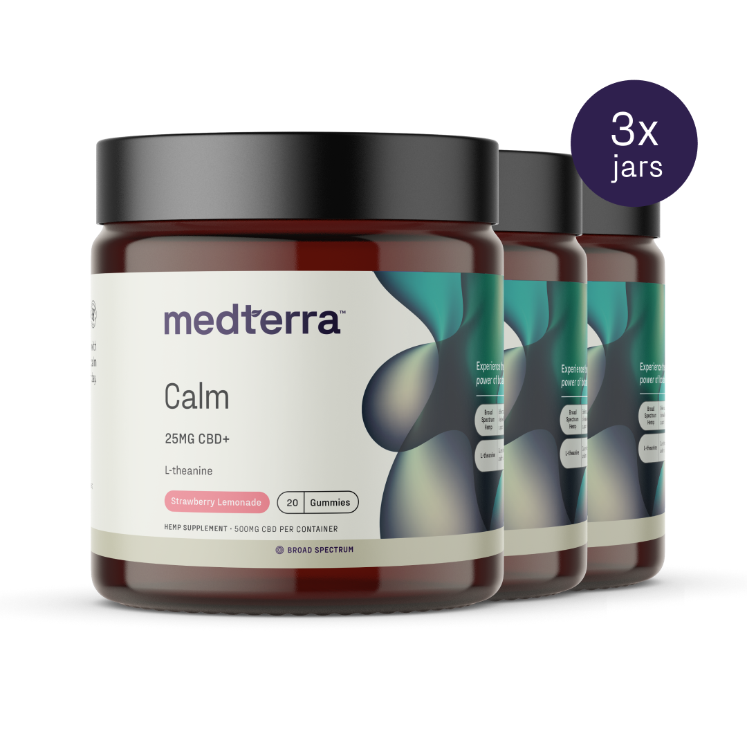 Three jars of Medterra Calm CBD Gummies are shown. Each jar contains 20 strawberry lemonade-flavored gummies, each with 25mg of CBD and L-theanine for stress reduction. The jars feature a black lid and a label highlighting broad-spectrum CBD. A "3x jars" label is displayed in the top right corner.