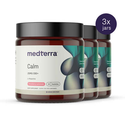 Three jars of Medterra Calm CBD Gummies are shown. Each jar contains 20 strawberry lemonade-flavored gummies, each with 25mg of CBD and L-theanine for stress reduction. The jars feature a black lid and a label highlighting broad-spectrum CBD. A "3x jars" label is displayed in the top right corner.