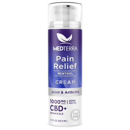 A white and purple bottle of Medterra CBD Pain Relief Cream [Top 10] for arthritis and joint pain. The label mentions it contains 1000 mg of CBD+ botanicals, Menthol, and Arnica, and is THC-free. The bottle has a pump dispenser and contains 1.7 fl oz (50.3 mL).