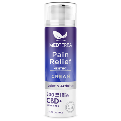 Image of a Medterra CBD Pain Relief Cream [Top 10] bottle, specifically designed for arthritis and joint pain relief. The bottle displays text indicating it contains 500mg CBD+ and is THC-free. It features a blue-to-white gradient label with a leaf logo, highlighting its menthol and arnica formula, in a 1.7 fl oz (50.3 mL) container.