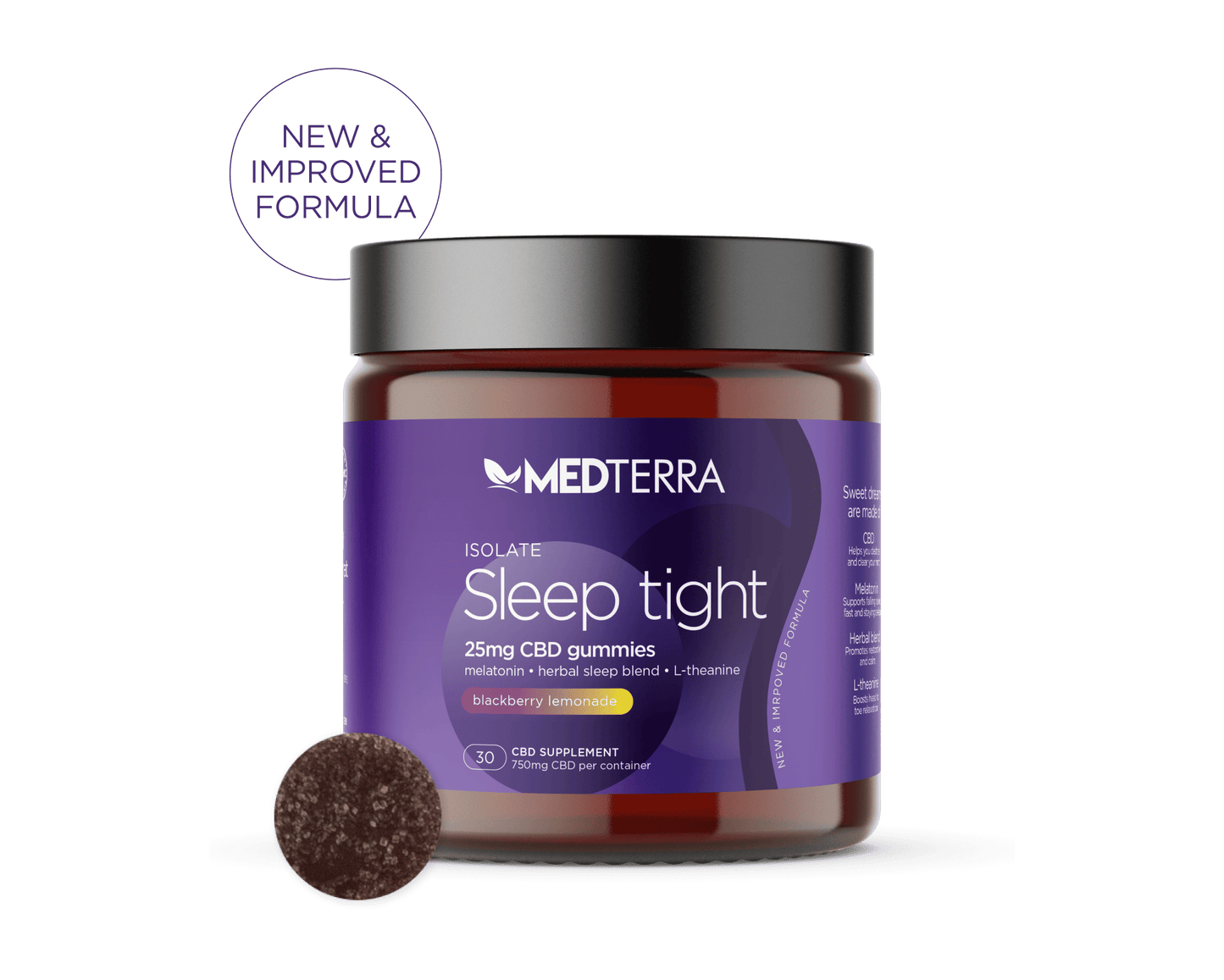 A jar of Medterra CBD's Sleep Tight Gummies [Top 10] isolate CBD gummies is displayed with one gummy visible in front. The label indicates the flavor is blackberry lemonade, and the gummies contain 25mg of premium CBD each. The jar contains 30 gummies and touts a new and improved formula for natural sleep enhancers.