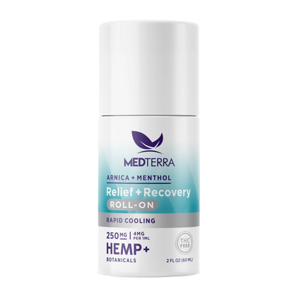 The Medterra CBD Rapid Recovery Roll-On features 250 mg of hemp, along with arnica and menthol for rapid cooling and support for joints and muscles. The white bottle with purple and teal accents is THC-free and contains 2 fluid ounces (60 ml).